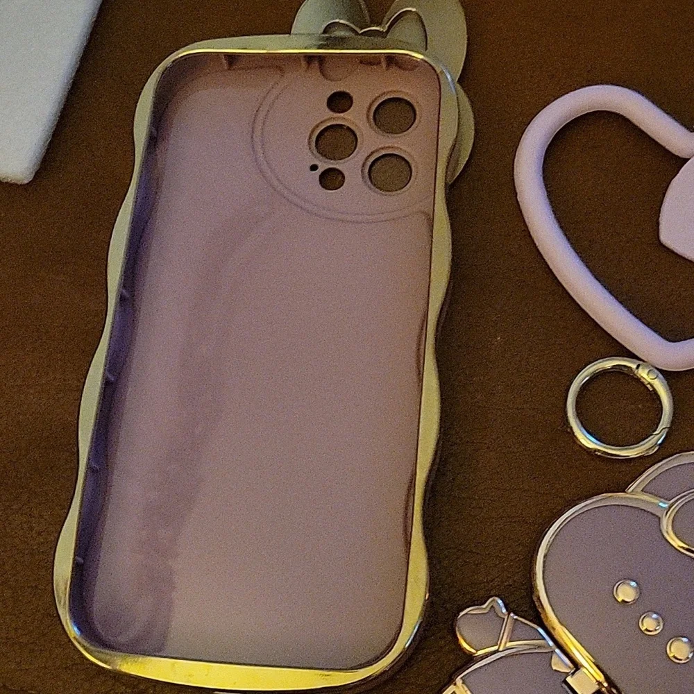 iPhone 12 Case with Cute Kitty Bunny Stand Heart & Mirror Lilac & GOLD